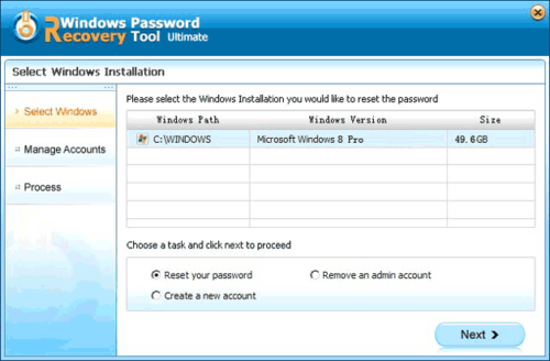 Выбор операционной системы в программе Reset Windows Password Utility