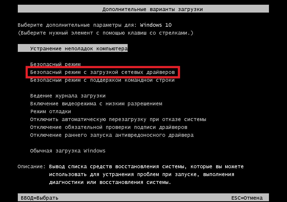 Безопасный режим. Параметры загрузки Windows. Устранение неполадок при запуске компьютера. Безопасный режим с загрузкой сетевых драйверов. Дополнительные варианты загрузки.
