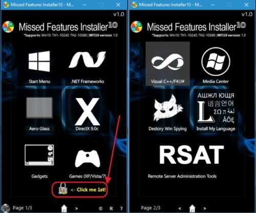 Окно программы Missed Features Installer 10